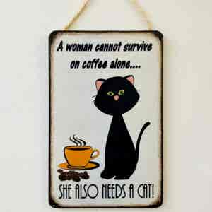 Humorous Black Cat & Coffee Plaque