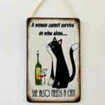 Humorous Black+White Cat & Wine Plaque