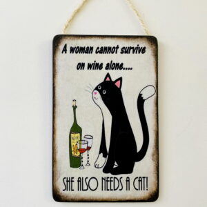 Humorous Black+White Cat & Wine Plaque