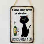 Humorous Black Cat & Wine Plaque