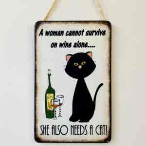 Humorous Black Cat & Wine Plaque
