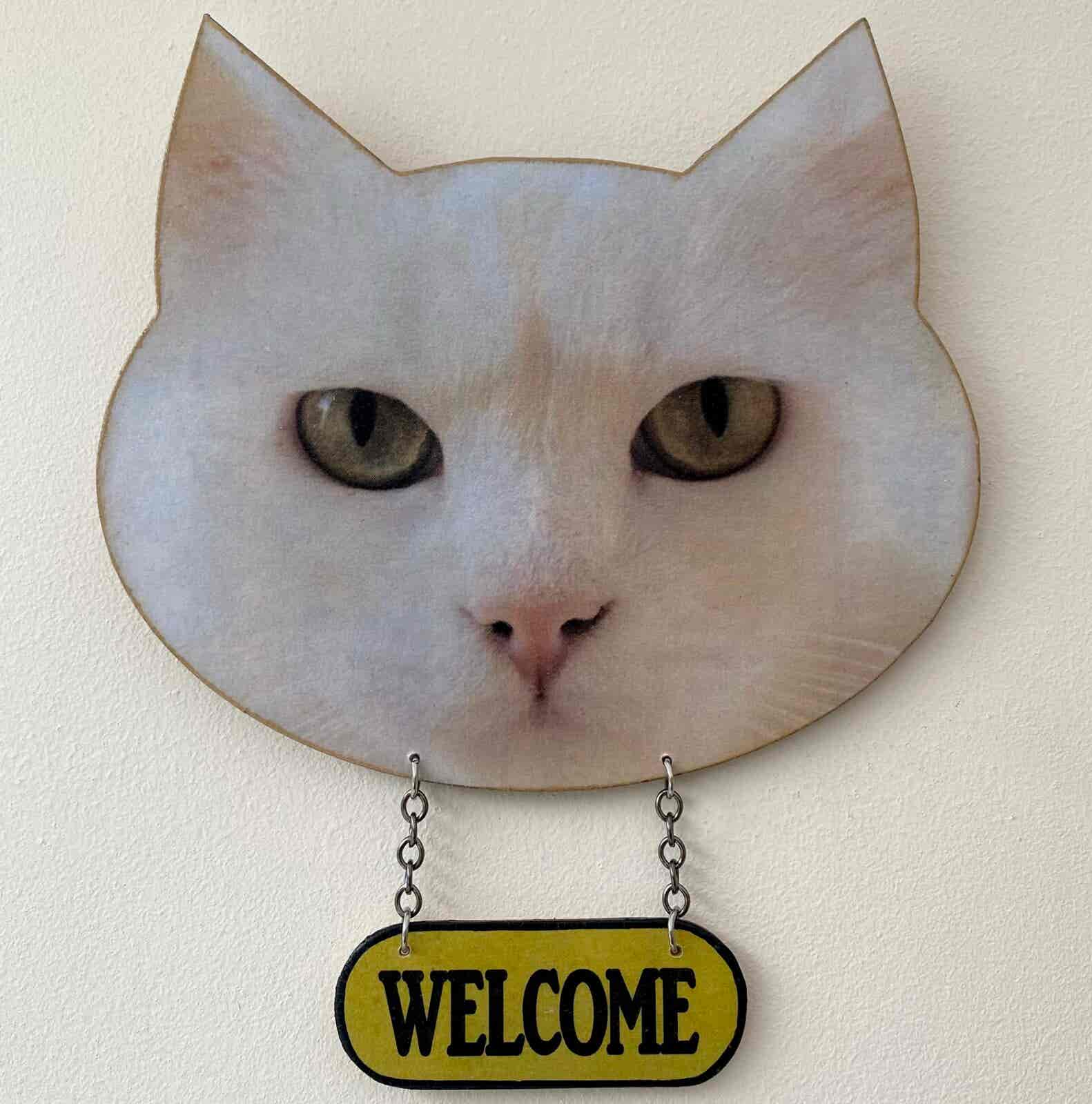 Cat Face Welcome plaque - White Cat
