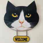Cat Face Welcome plaque - Black & White Tuxedo