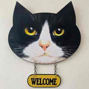 Cat Face Welcome plaque - Black & White Tuxedo