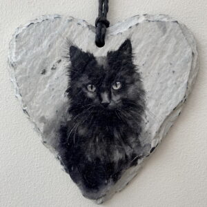 Water Colour Paint Effect Slate Heart - Black Cat