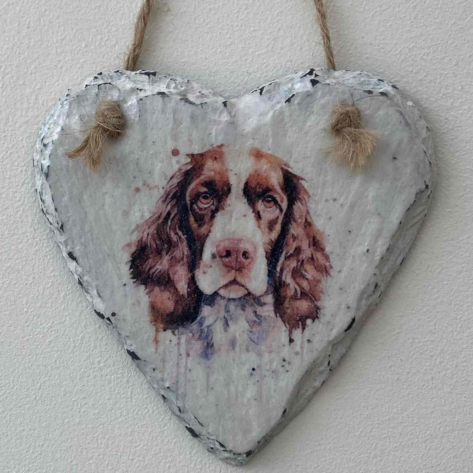 Water Colour Paint Effect Slate Heart - Dog Breeds - Springer Spaniel