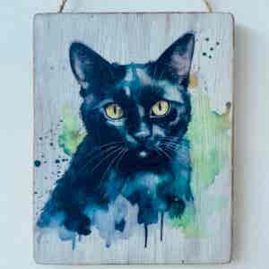 Water Colour Paint Effect Plaque - Cat Breeds - Black Cat