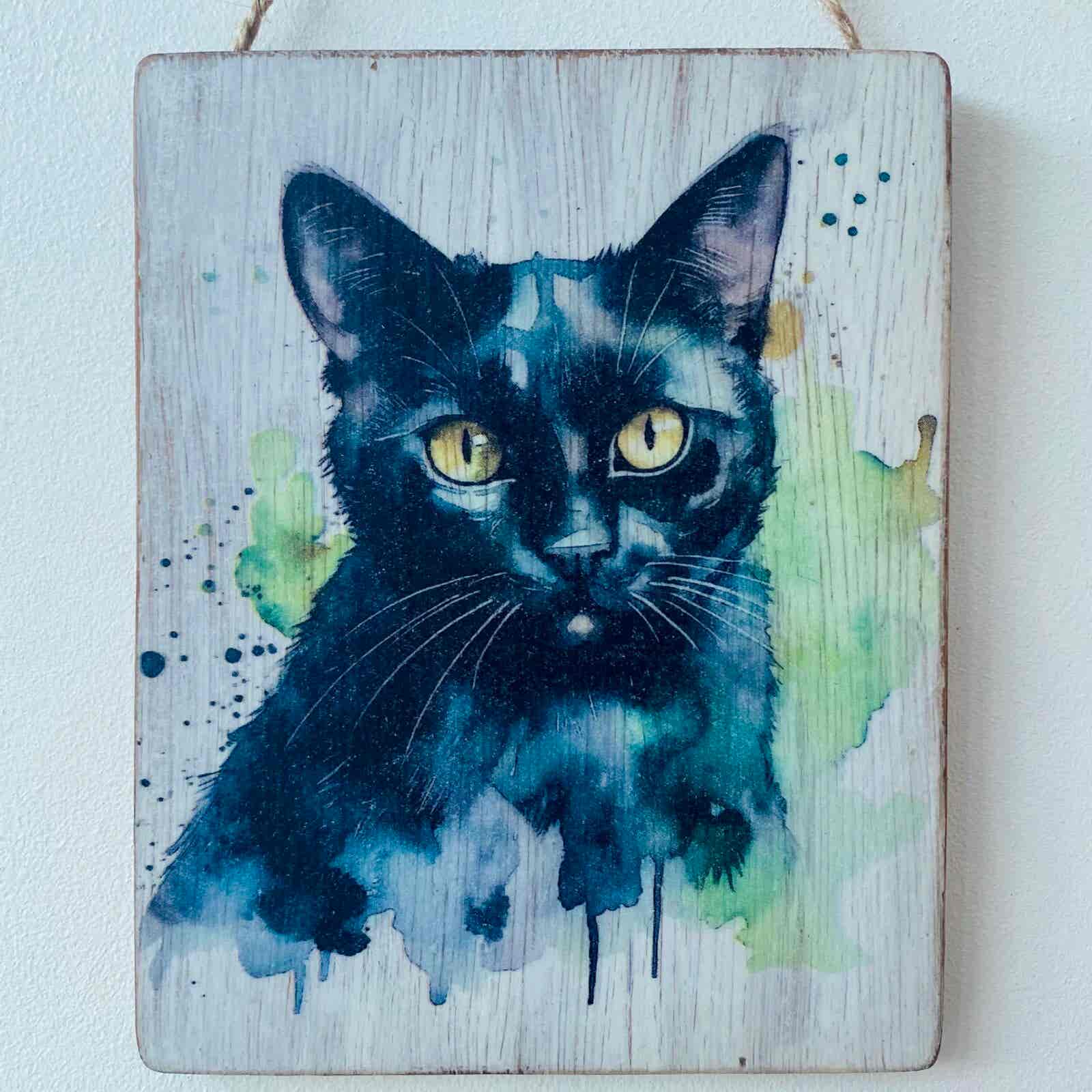 Water Colour Paint Effect Plaque - Cat Breeds - Black Cat