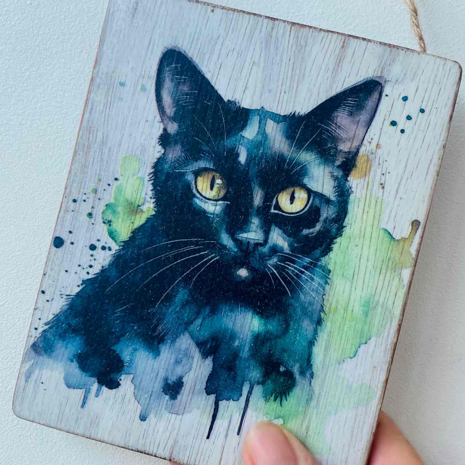 Water Colour Paint Effect Plaque - Cat Breeds - Black Cat - Image 2