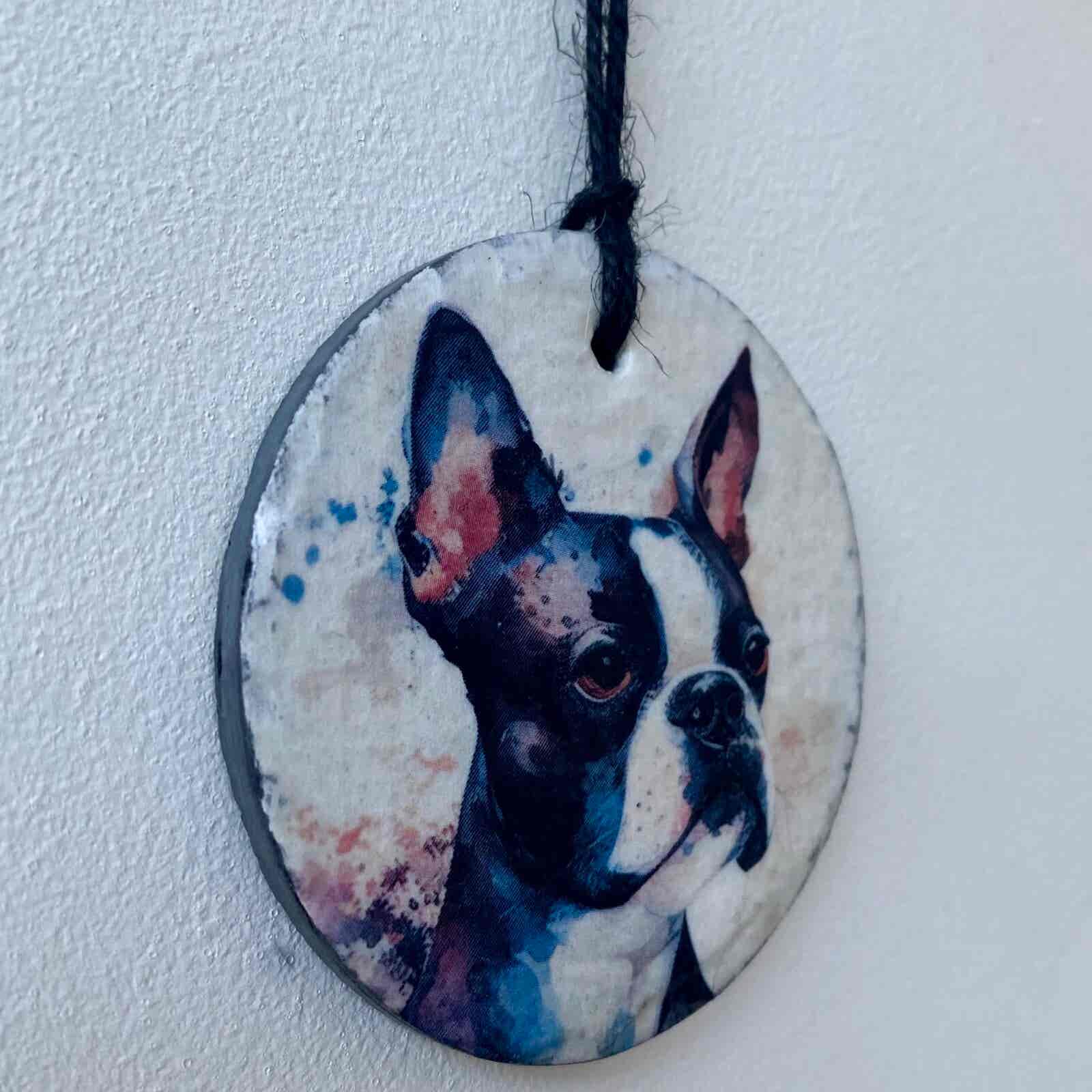 Water Colour Paint Effect Slate Circle - Dog Breeds - Boston Terrier - Image 3
