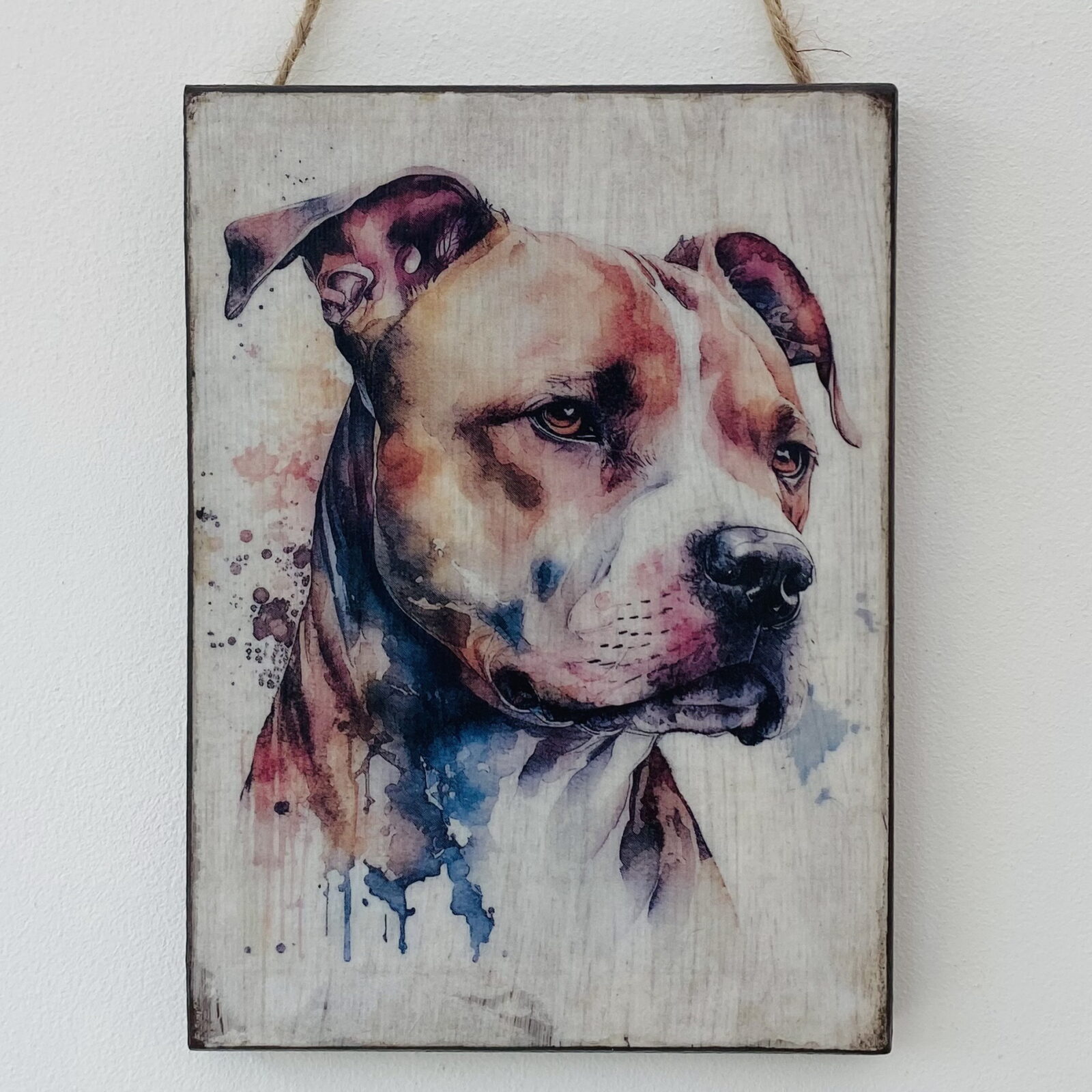 Water Colour Paint Effect Plaque - Dog Breeds - Staffordshire Bull Terrier