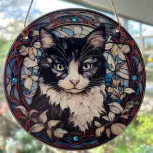 Faux Stain Glass Sun Catcher - Black & White Cat 2