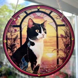 Faux Stain Glass Sun Catcher - Black & White Cat 3