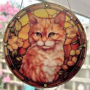 Faux Stain Glass Sun Catcher - Ginger & White Fluffy Cat