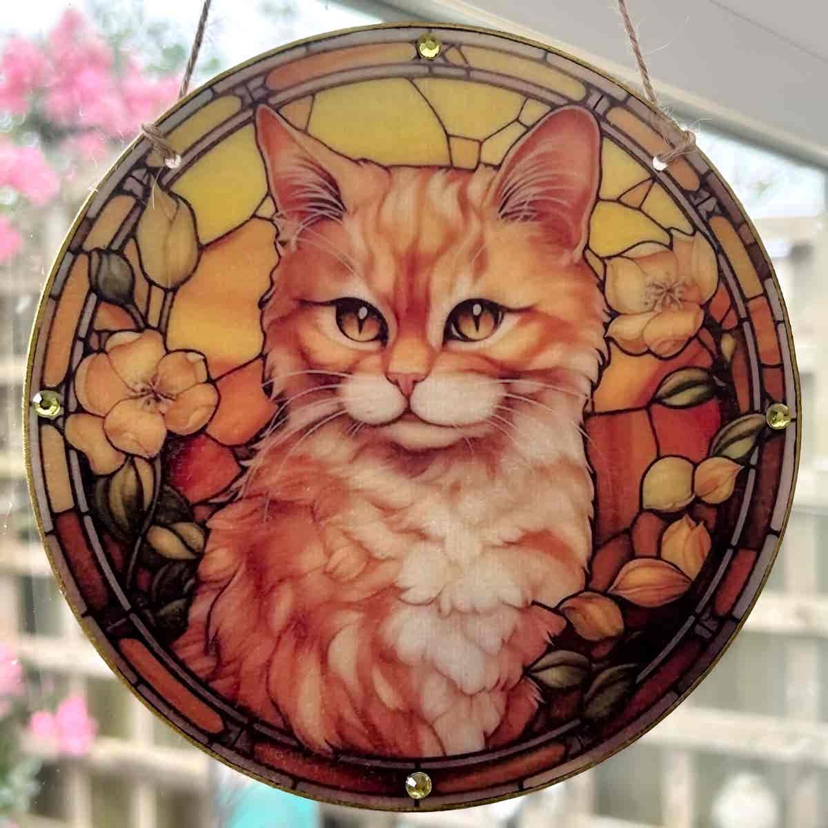 Faux Stain Glass Sun Catcher - Ginger & White Fluffy Cat