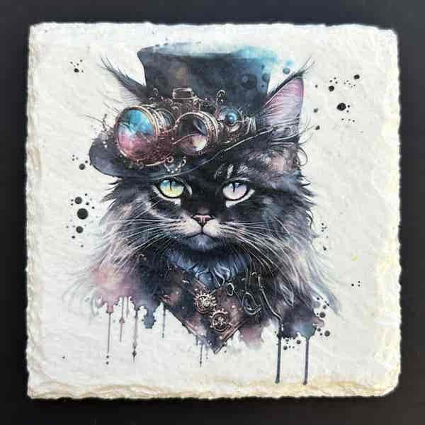 Slate Coasters - Steampunk Water Colour Effect - Black Cats - Image 4