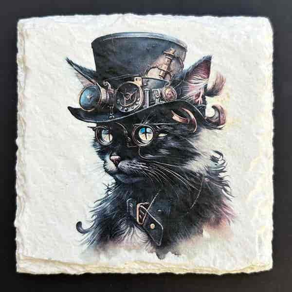 Slate Coasters - Steampunk Water Colour Effect - Black Cats - Image 3