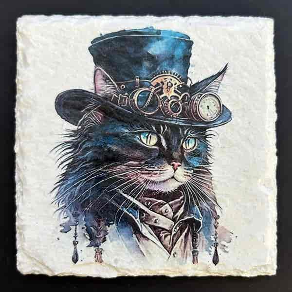 Slate Coasters - Steampunk Water Colour Effect - Black Cats - Image 5