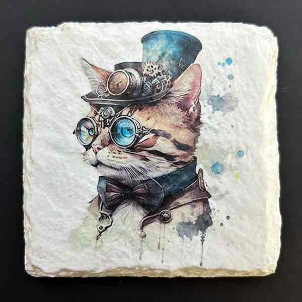 Slate Coasters - Steampunk Water Colour Effect - Tabby Cats - Image 2