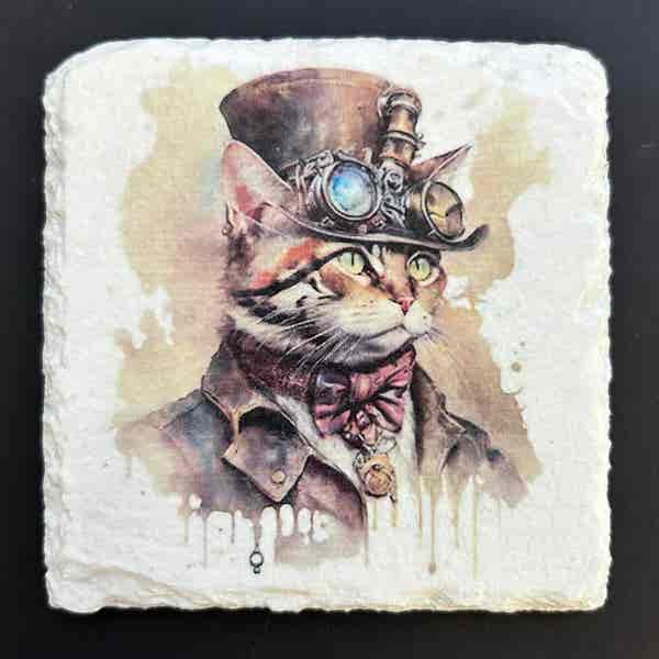 Slate Coasters - Steampunk Water Colour Effect - Tabby Cats - Image 5