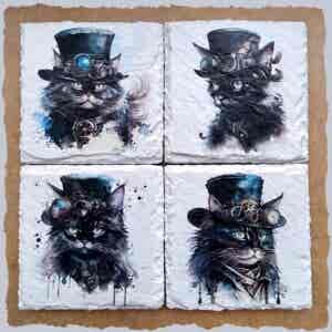 Slate Coasters - Steampunk Water Colour Effect - Black Cats