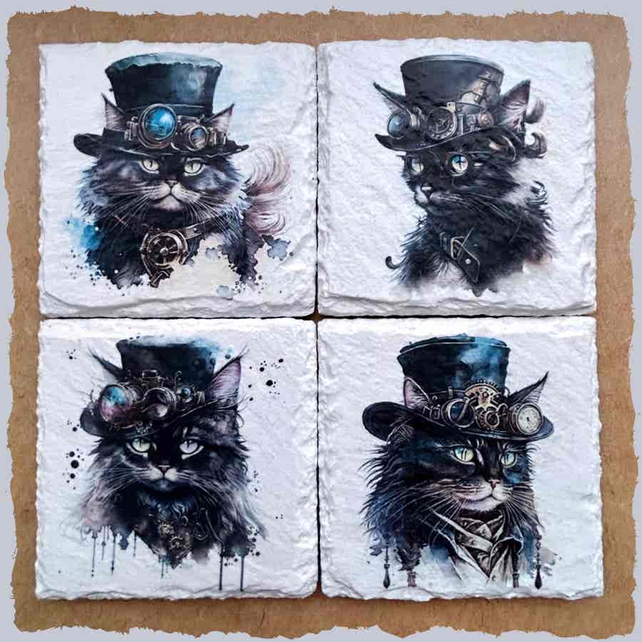 Slate Coasters - Steampunk Water Colour Effect - Black Cats