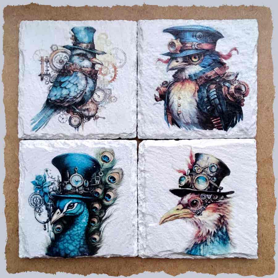 Slate Coasters - Steampunk Water Colour Effect - Gothic Birds