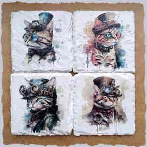 Slate Coasters - Steampunk Water Colour Effect - Tabby Cats