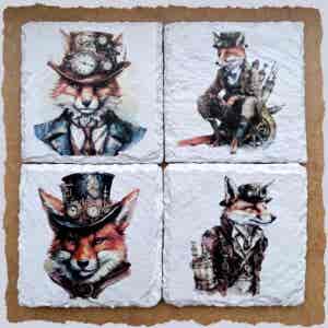 Slate Coasters - Steampunk Water Colour Effect - Foxes