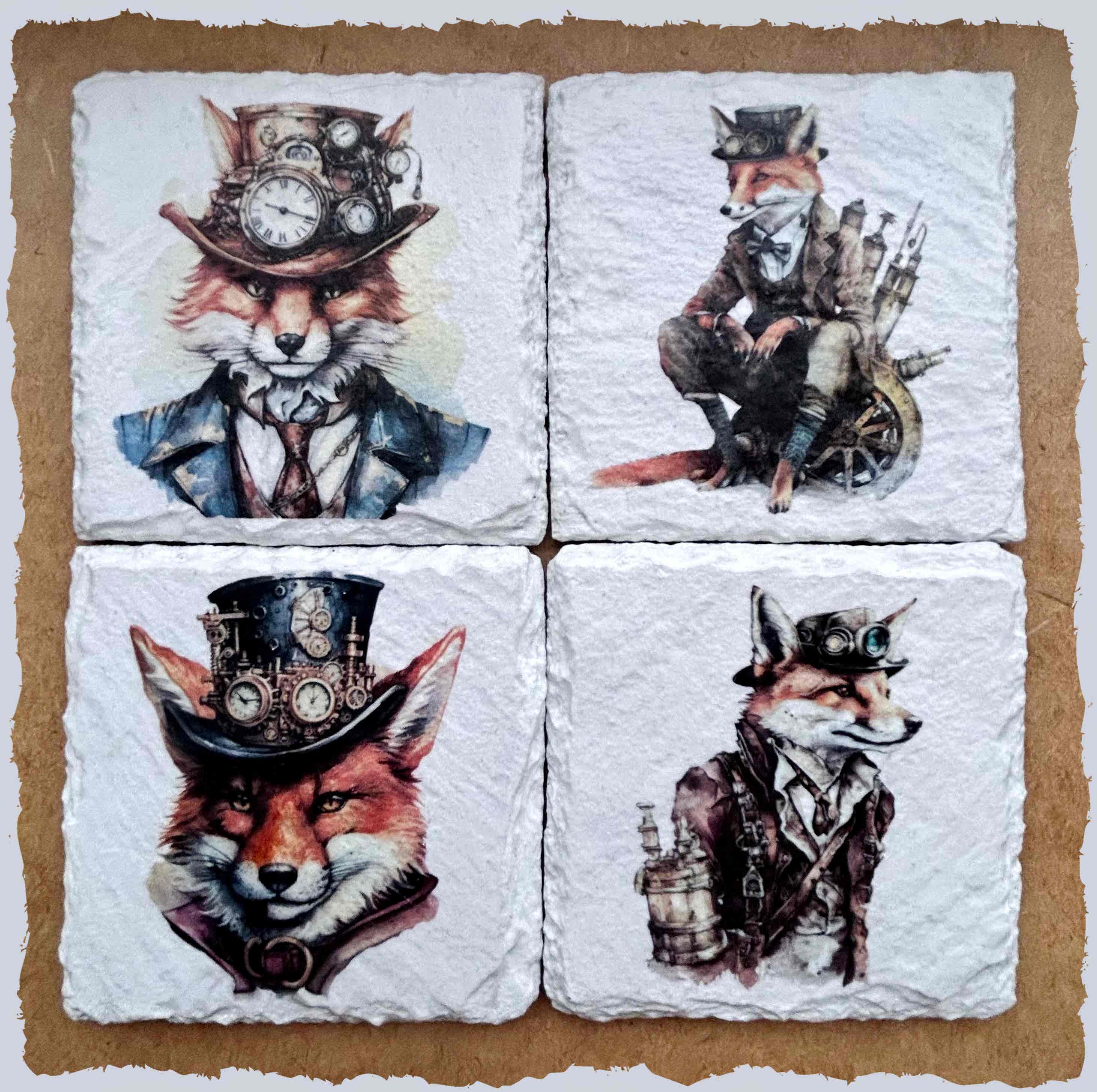 Slate Coasters - Steampunk Water Colour Effect - Foxes