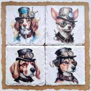 Slate Coasters - Steampunk Water Colour Effect - Dogs 1