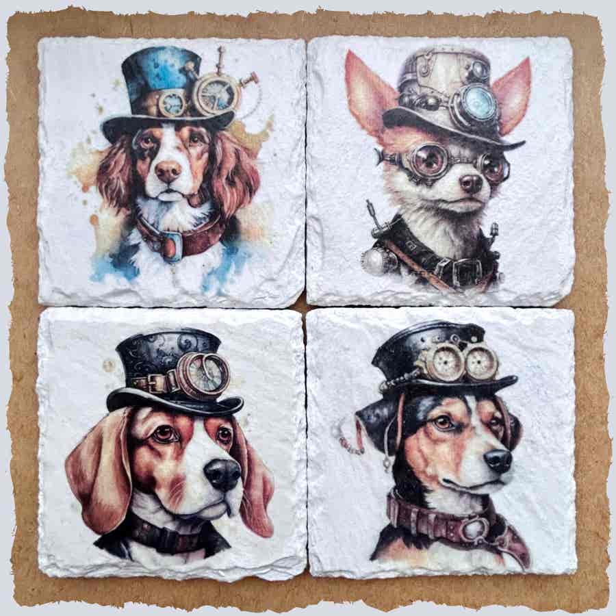 Slate Coasters - Steampunk Water Colour Effect - Dogs 1